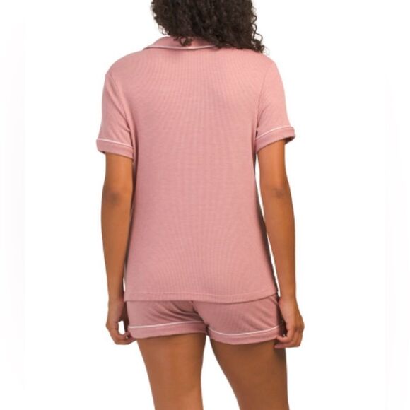 TART L-XL Pink White Dixie Notch Collar Ribbed Knit Short Sleeve Shorty PJ Set - Picture 2 of 3